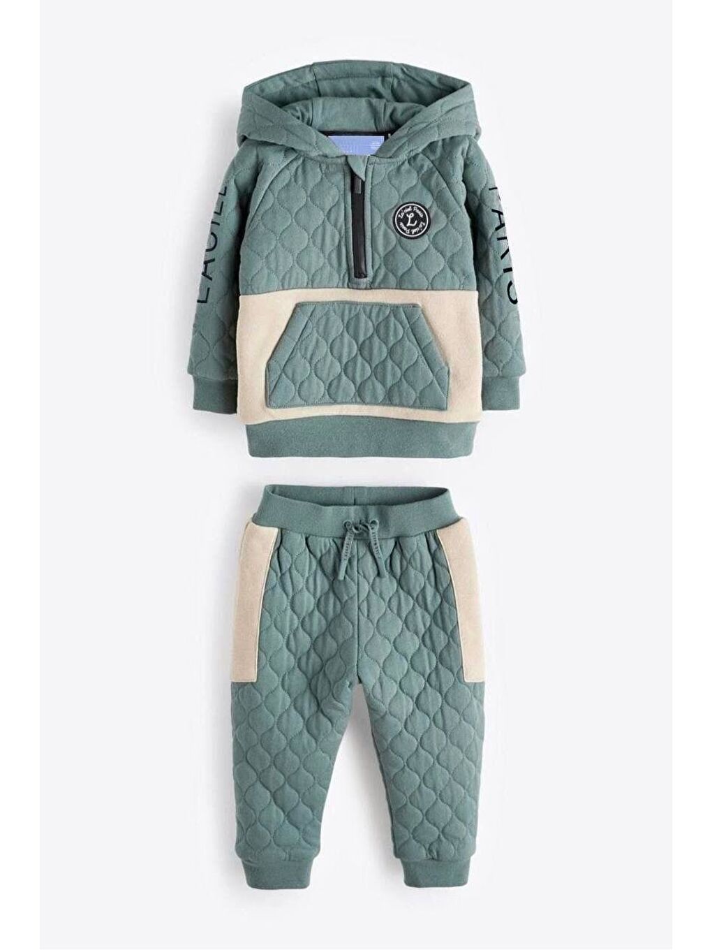 Karışık Erkek Çocuk Pamuklu Kapitone Kapüşonlu Eşofman Takımı - Yeşil Bej Renkli-7