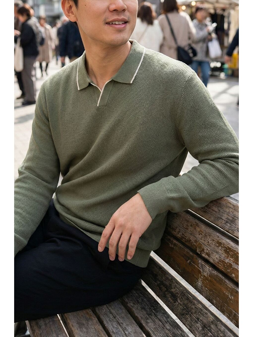 Haki Erkek Polo Yaka Kendinden Çizgi Desenli Triko Kazak