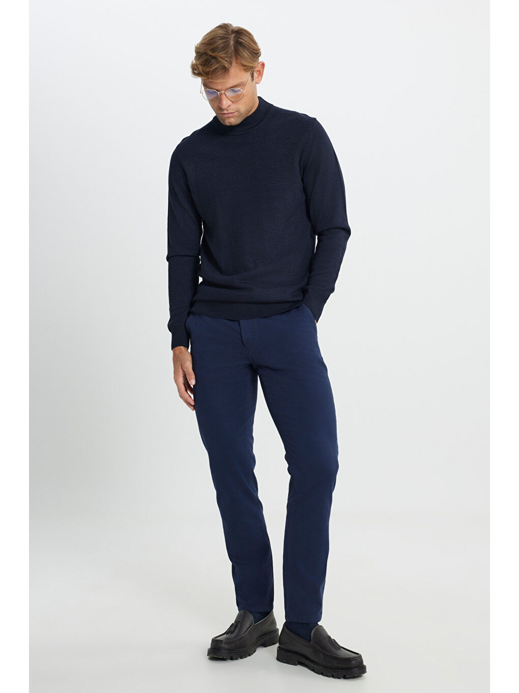 Erkek Lacivert Yünlü Sıcak Tutan Standart Fit Yarım Balıkçı Yaka Petek Dokulu Triko Kazak-1