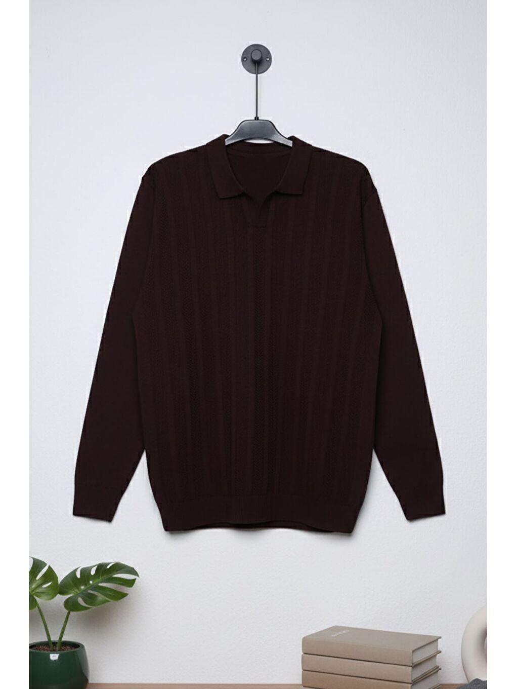 Mürdüm Erkek Kendinden Desenli Polo Yaka Triko Kazak-2