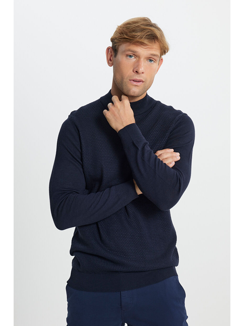 Erkek Lacivert Yünlü Sıcak Tutan Standart Fit Yarım Balıkçı Yaka Petek Dokulu Triko Kazak-2