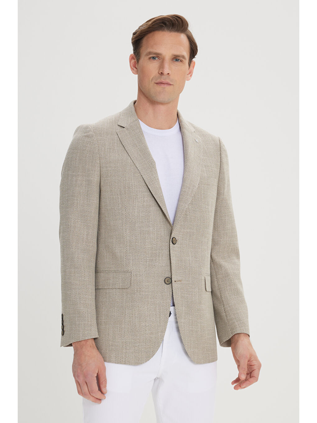 Erkek Koyu Bej Regular Fit Rahat Kesim Mono Yaka Armürlü Blazer Ceket-3