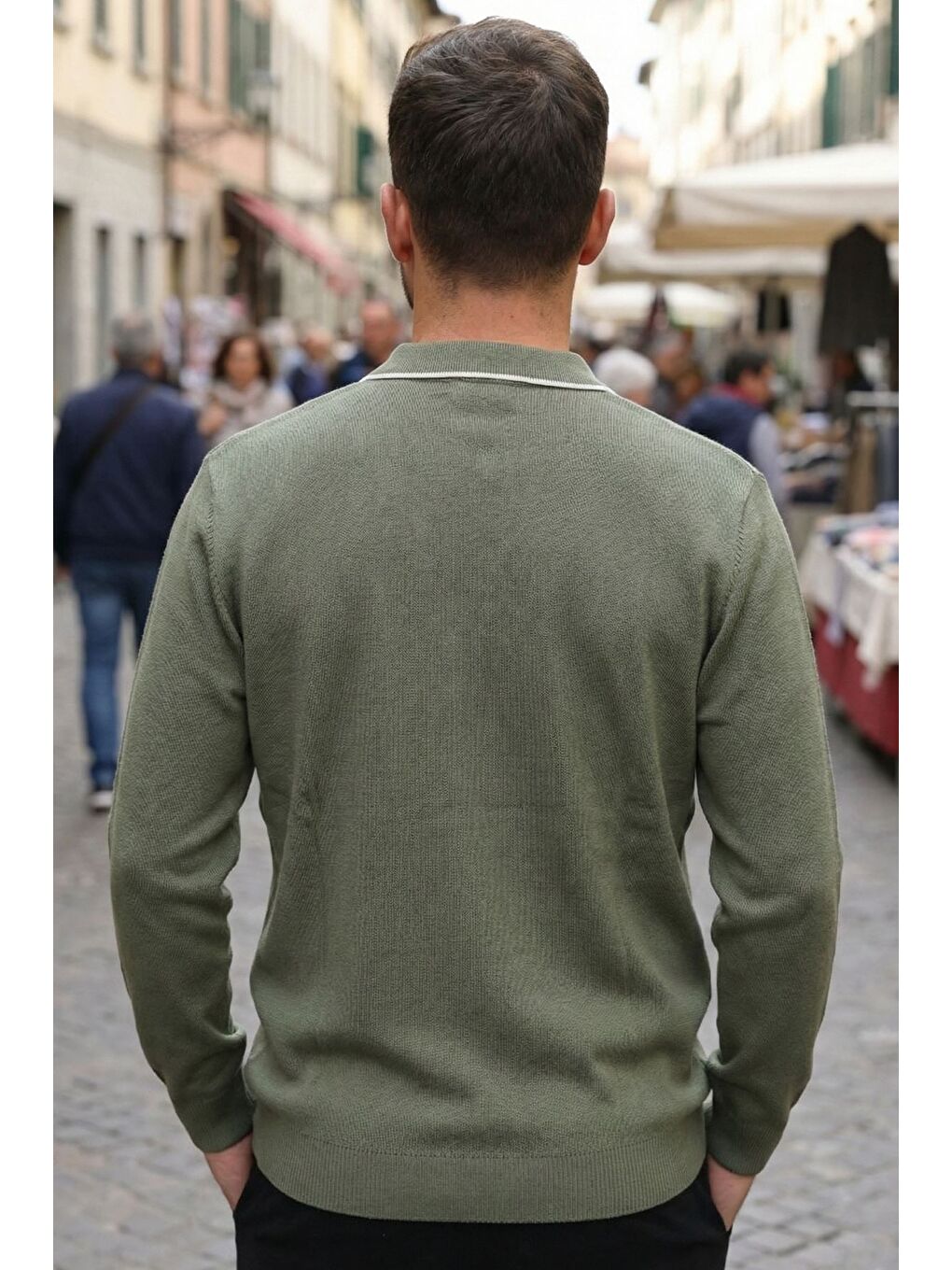 Haki Erkek Polo Yaka Kendinden Çizgi Desenli Triko Kazak-1