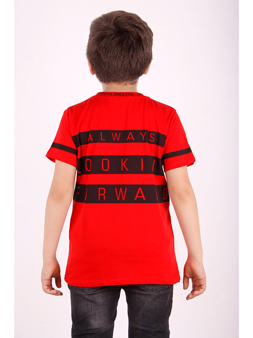 Kırmızı Erkek Çocuk Yaka ve Arkası Baskı Detaylı Tişört-2