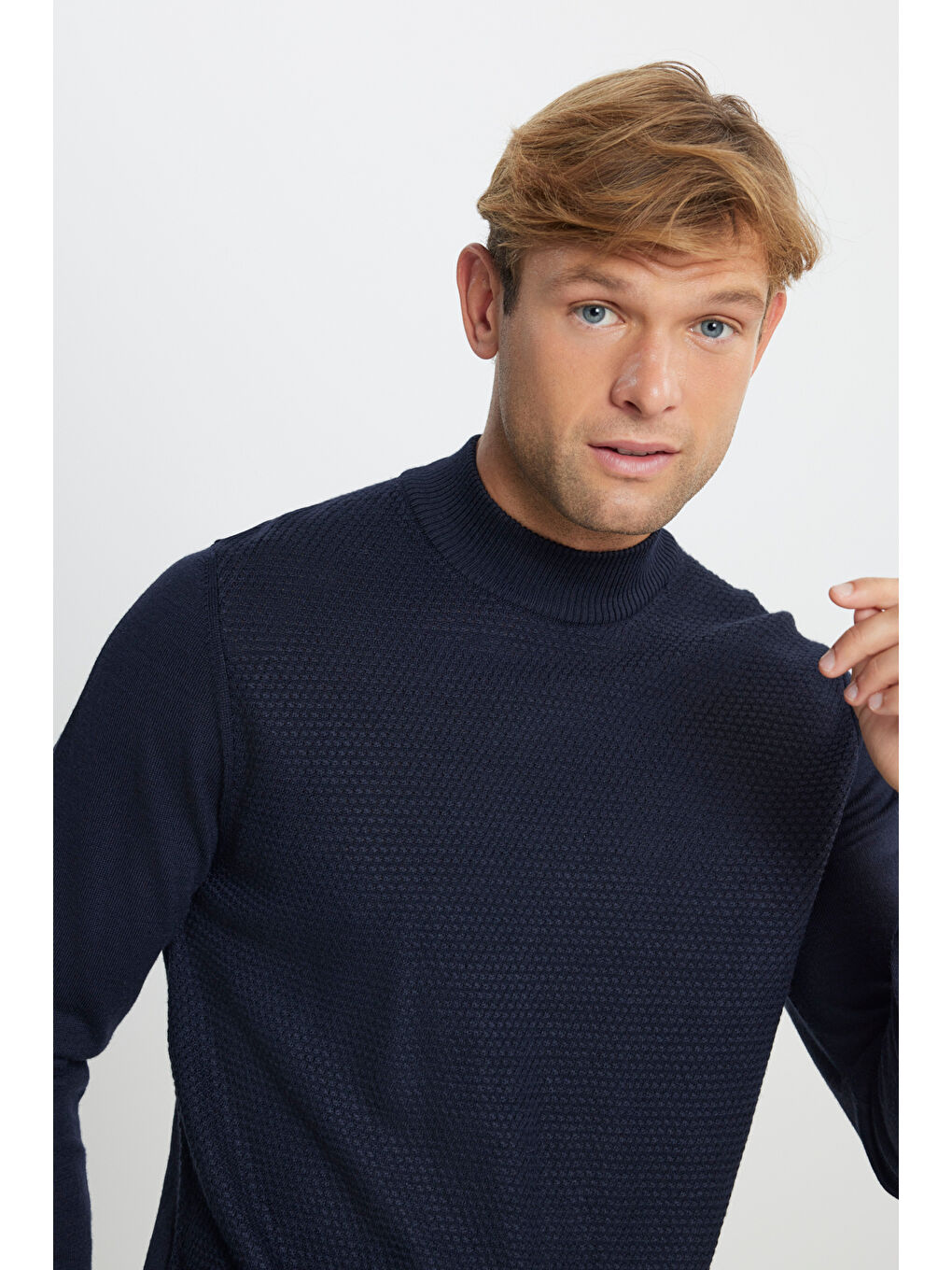 Erkek Lacivert Yünlü Sıcak Tutan Standart Fit Yarım Balıkçı Yaka Petek Dokulu Triko Kazak-4