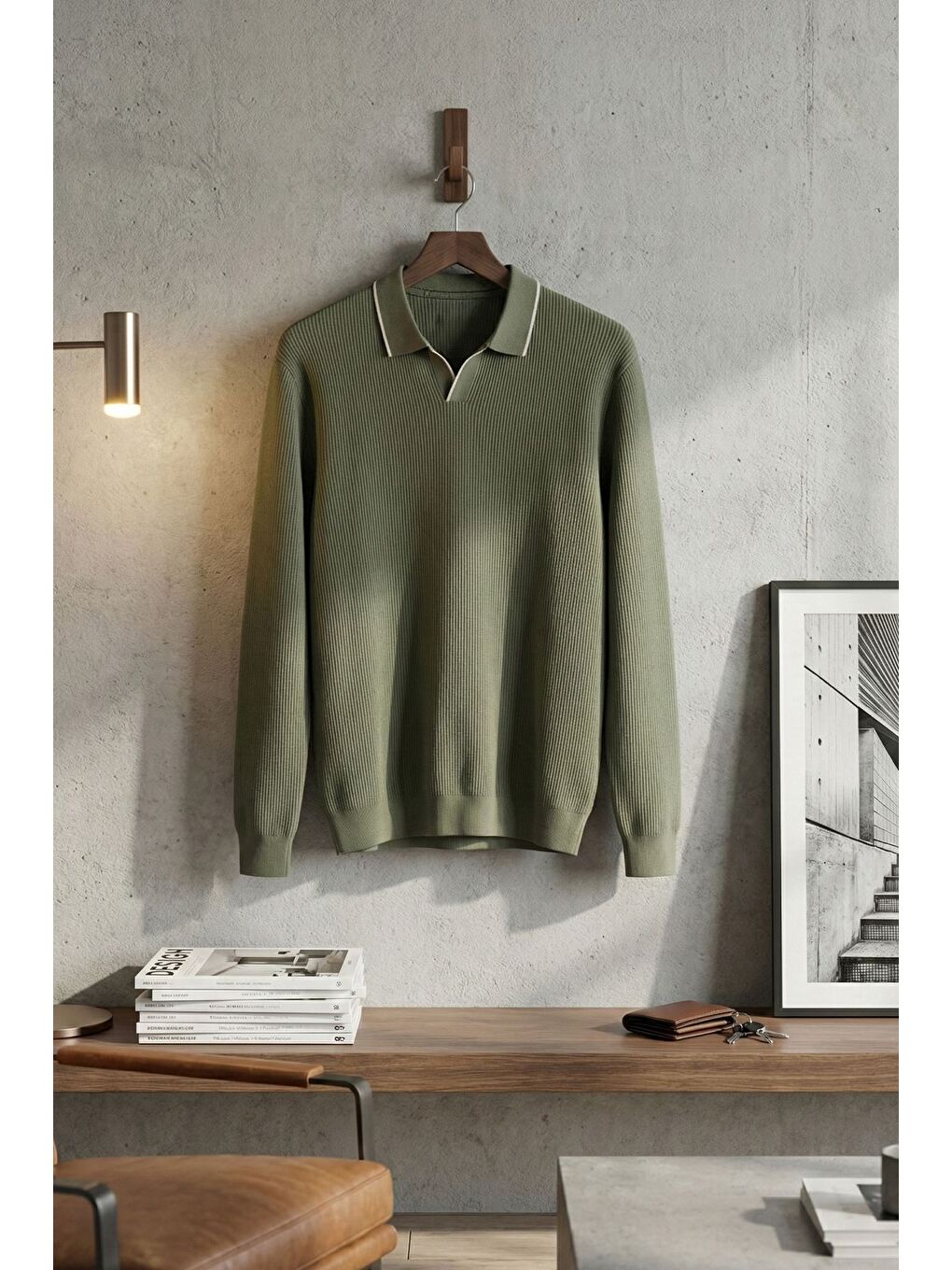 Haki Erkek Polo Yaka Kendinden Çizgi Desenli Triko Kazak-2