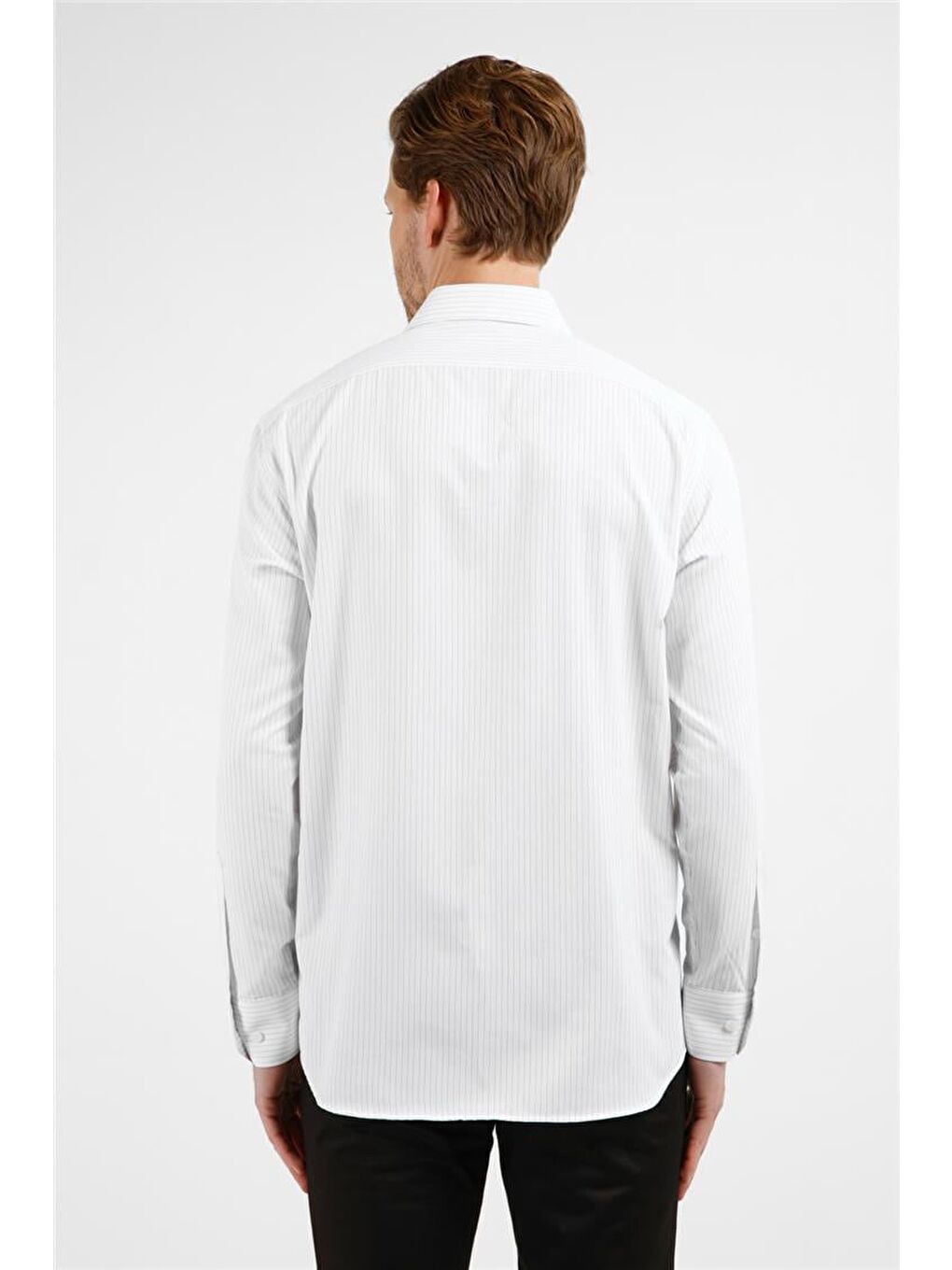 Beyaz - Siyah Çizgili Desen Sert Yaka Uzun Kol Cepli Comfort Fit Pamuklu Gömlek 1004255274-3