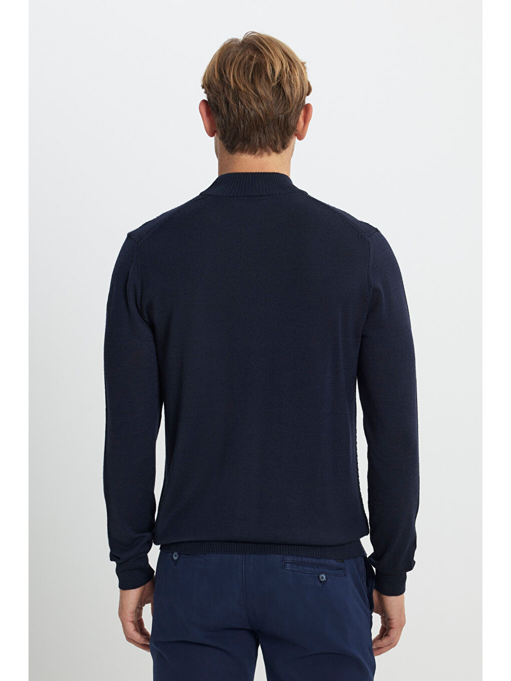 Erkek Lacivert Yünlü Sıcak Tutan Standart Fit Yarım Balıkçı Yaka Petek Dokulu Triko Kazak-5