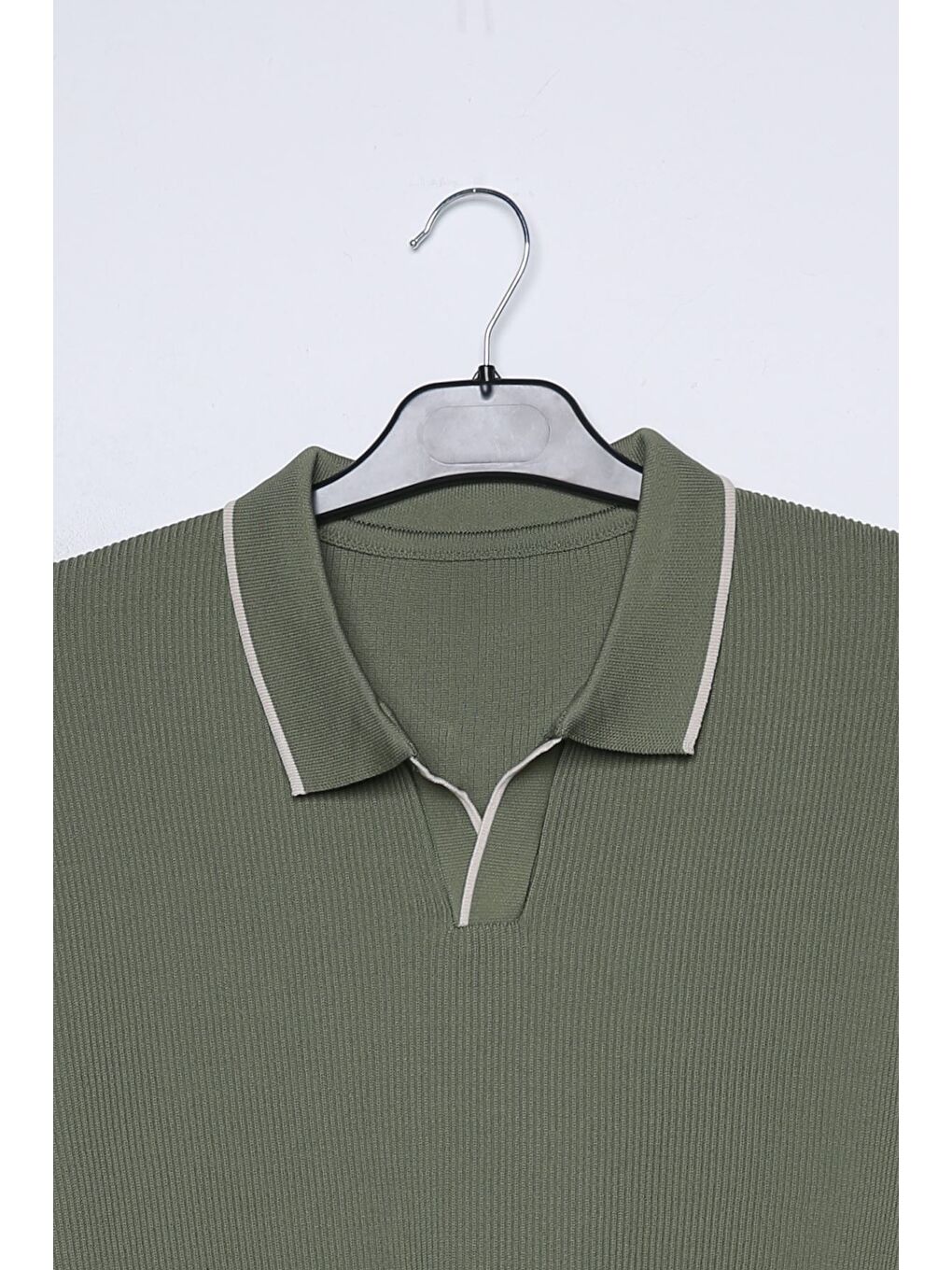 Haki Erkek Polo Yaka Kendinden Çizgi Desenli Triko Kazak-3
