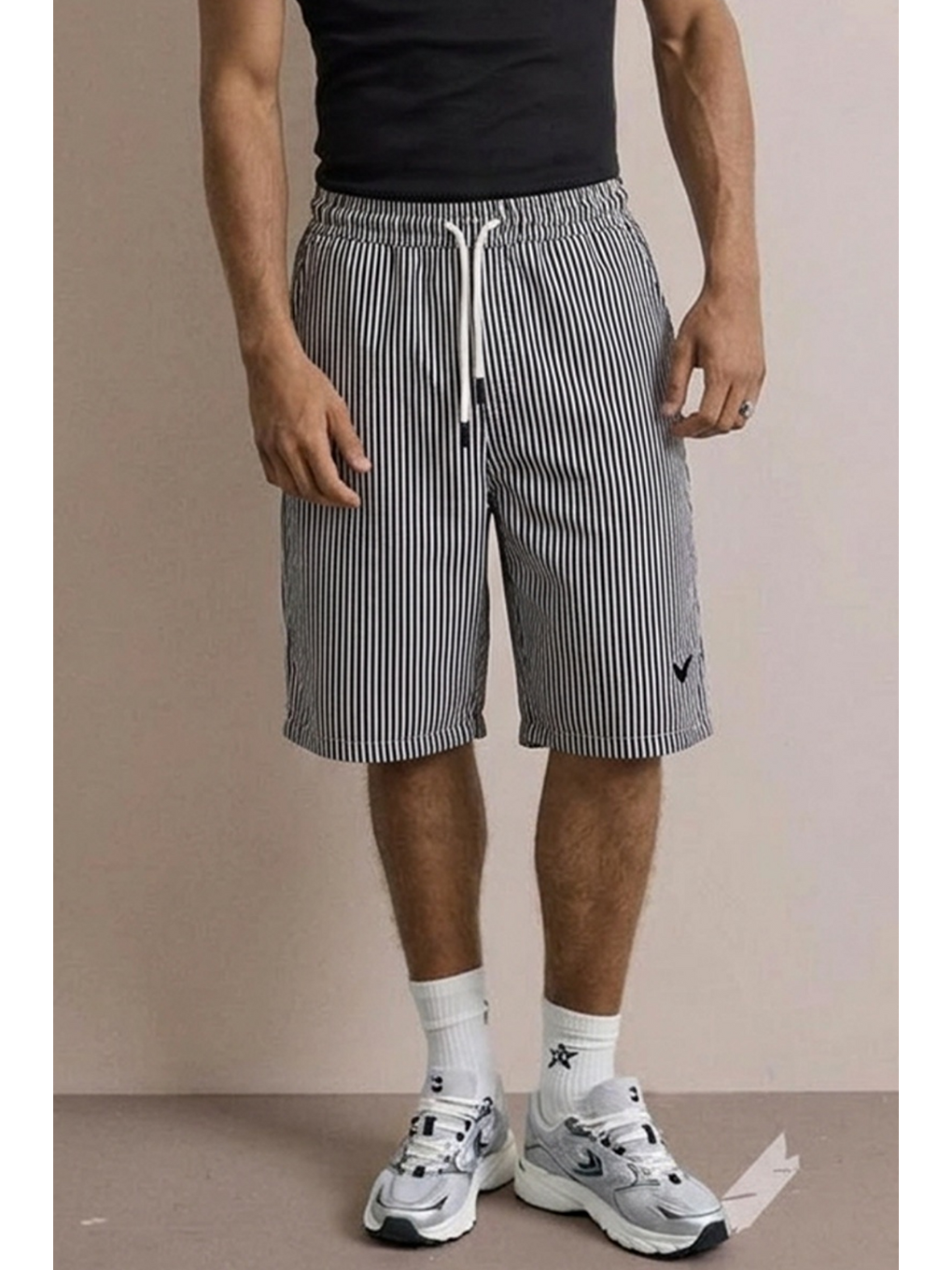 Gri Erkek Nakışlı Premium Comfort Çizgili Füme Şort-5