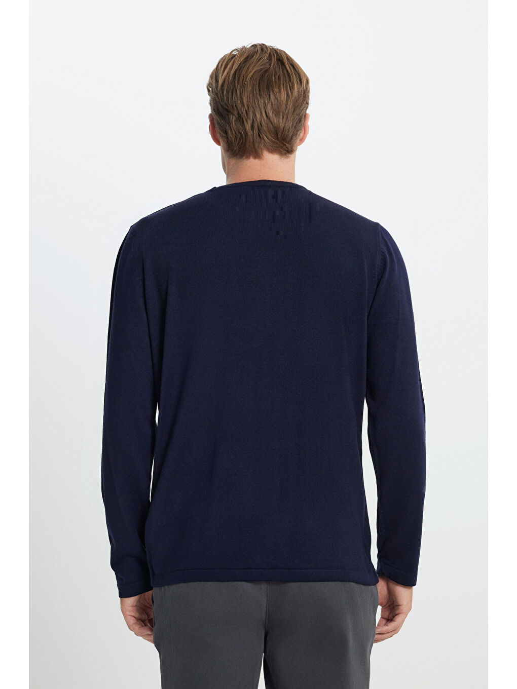 Erkek Lacivert Standart Fit Normal Kesim Bisiklet Yaka Triko Kazak-4