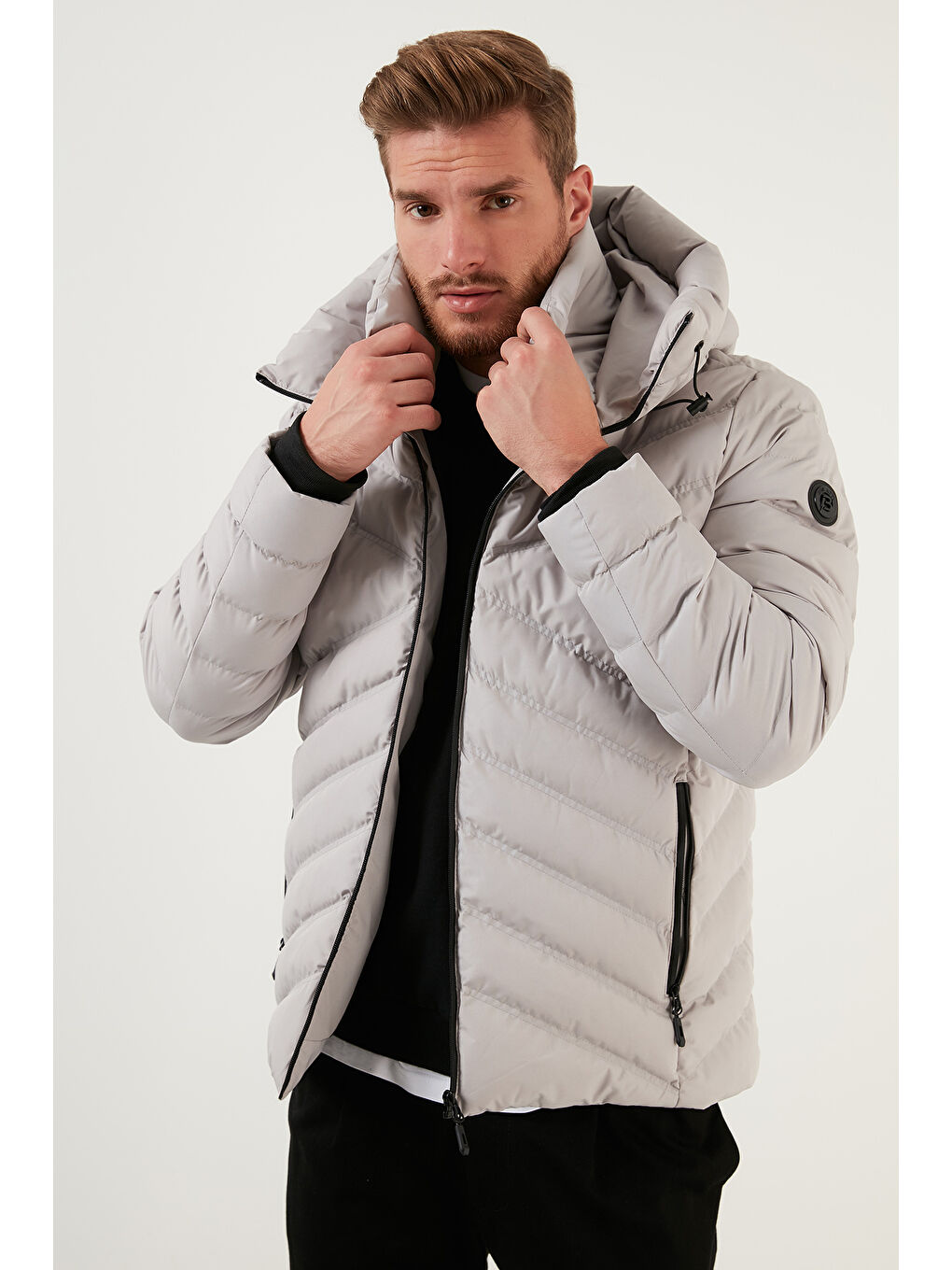 Bej Slim Fit Kapüşonlu Dik Yaka Cepli Kışlık Erkek Mont 6274909-2