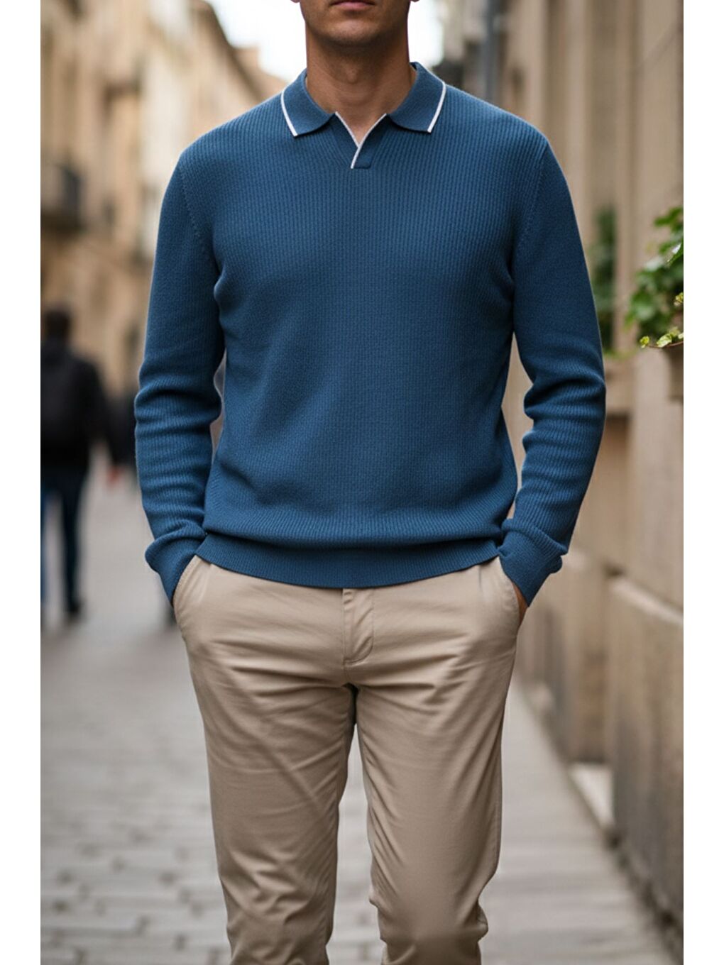 İndigo Erkek Polo Yaka Kendinden Çizgi Desenli Triko Kazak