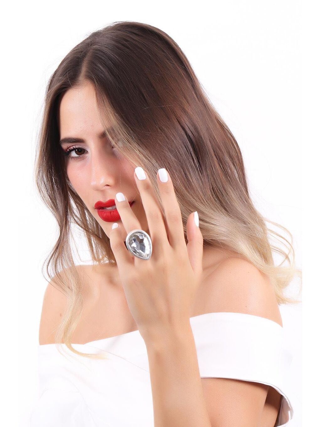 Beyaz Kadın Antik Gümüş Kaplama  Kristal Kesme Taşlı Damla Yüzük-3