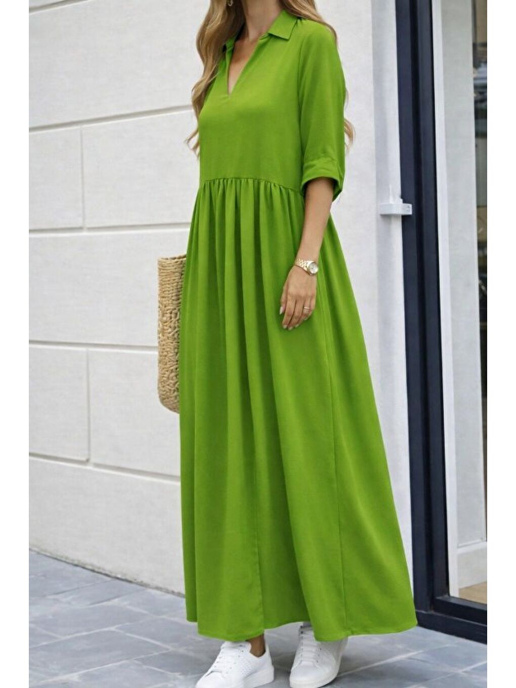 Yeşil Kadın Truvakar Kollu V Yakalı Yırtmaçlı Uzun Aerobin Elbise-1