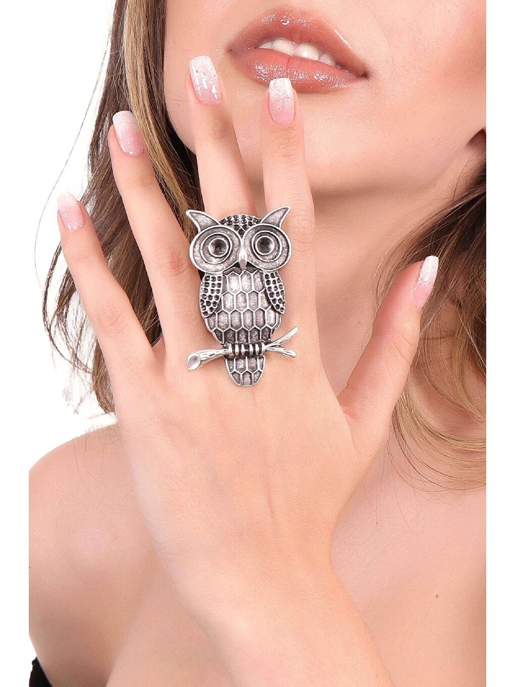 Gri Kadın Antik Gümüş Kaplama Ayarlanabilir Baykuş Yüzük-2