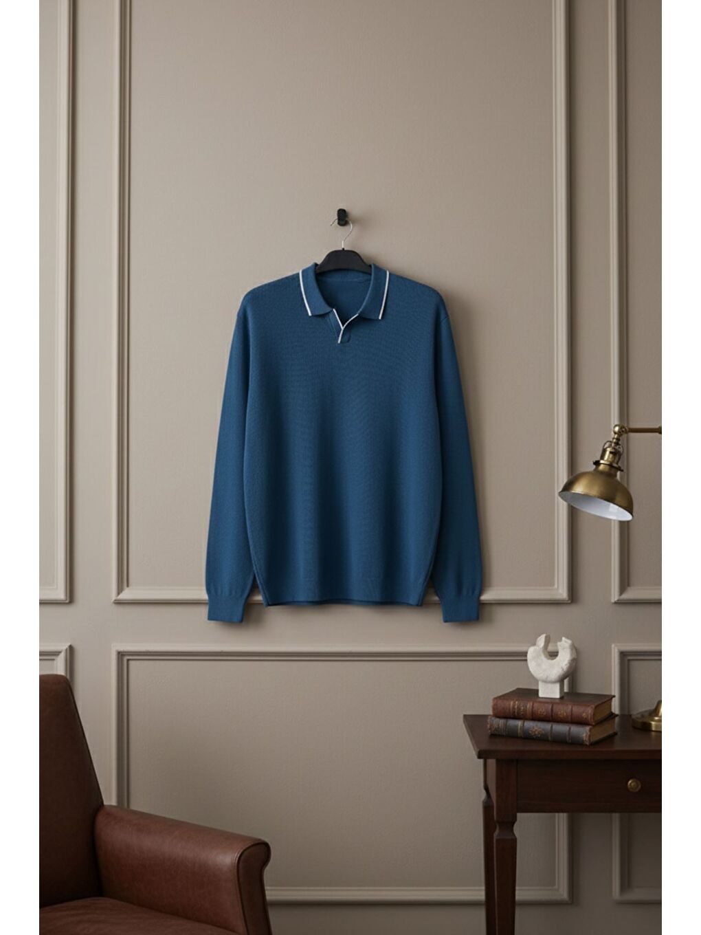 İndigo Erkek Polo Yaka Kendinden Çizgi Desenli Triko Kazak-1