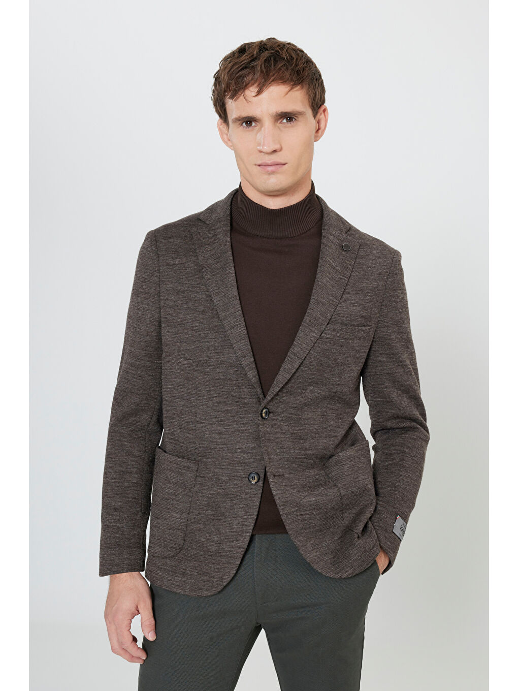 Erkek Kahverengi Slim Fit Dar Kesim Mono Yaka Yünlü Armürlü Torba Cepli Blazer Ceket