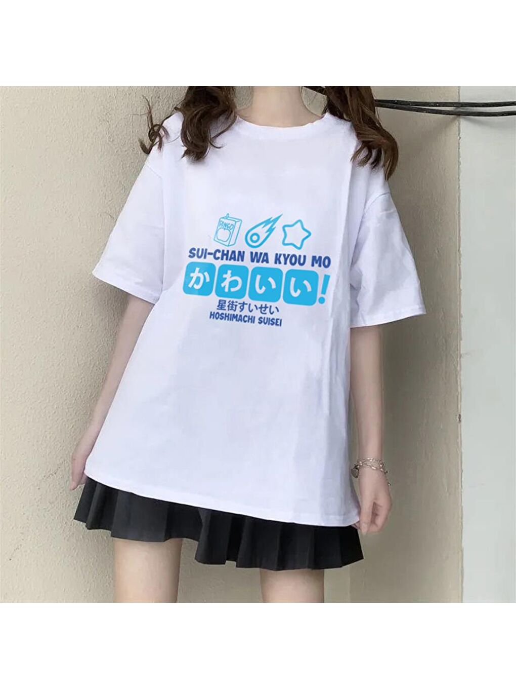 Touz Moda Beyaz Hoshimachi Suisei Baskılı Beyaz Unisex Oversize T-shirt