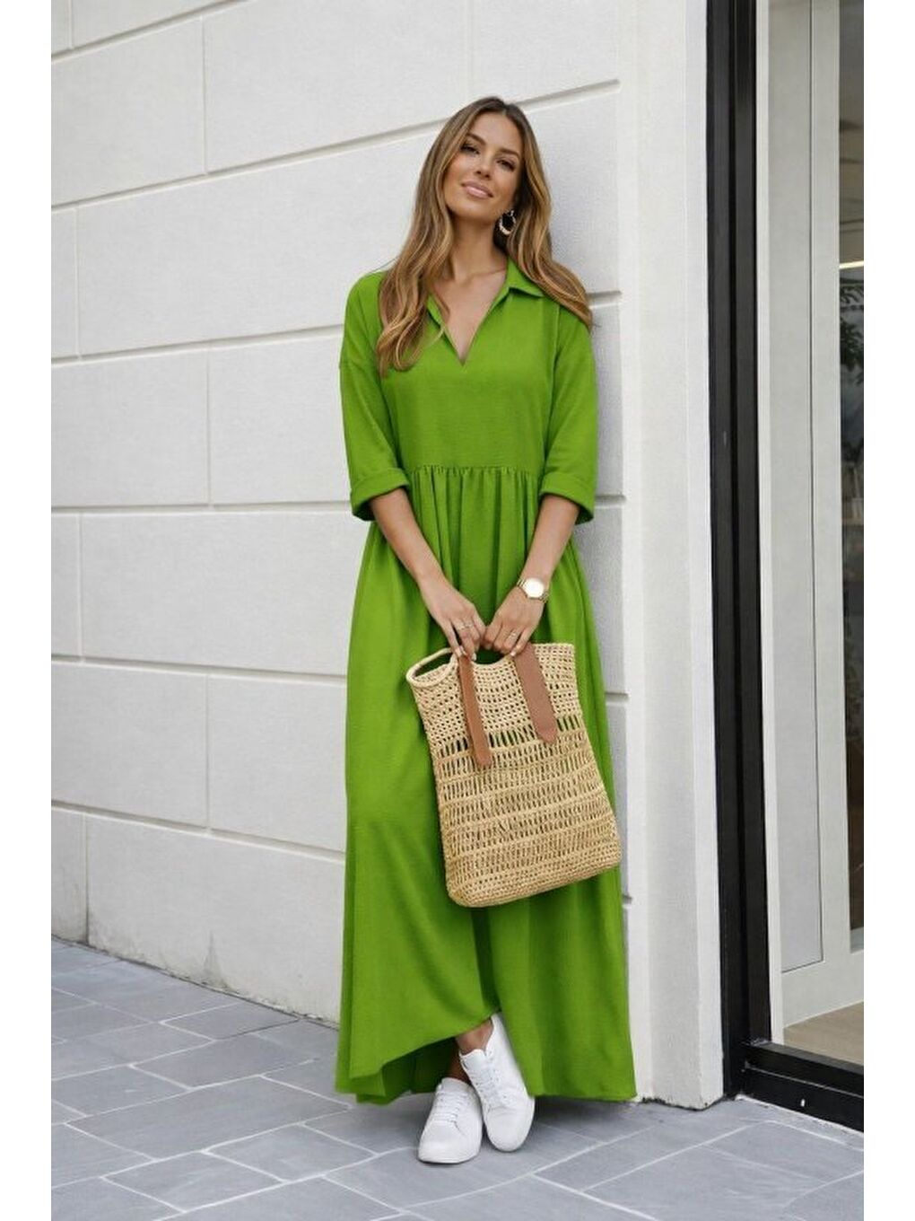 Yeşil Kadın Truvakar Kollu V Yakalı Yırtmaçlı Uzun Aerobin Elbise-2