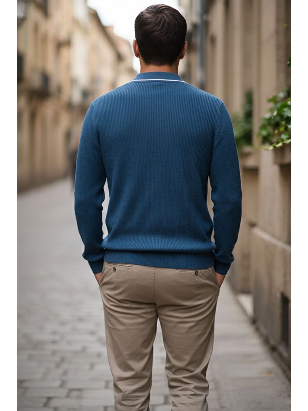 İndigo Erkek Polo Yaka Kendinden Çizgi Desenli Triko Kazak-2