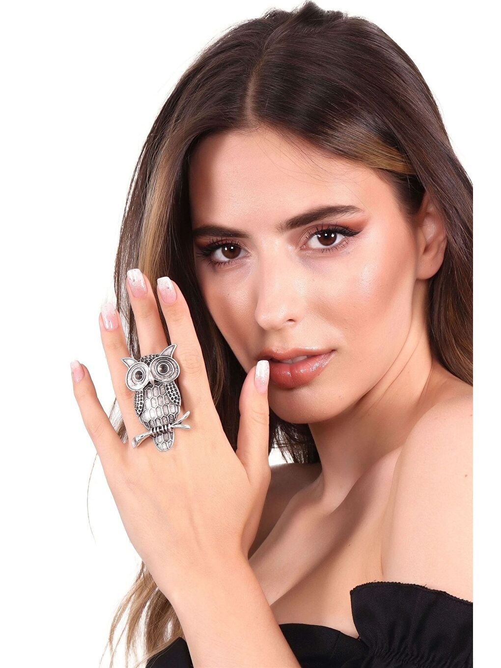 Gri Kadın Antik Gümüş Kaplama Ayarlanabilir Baykuş Yüzük-1