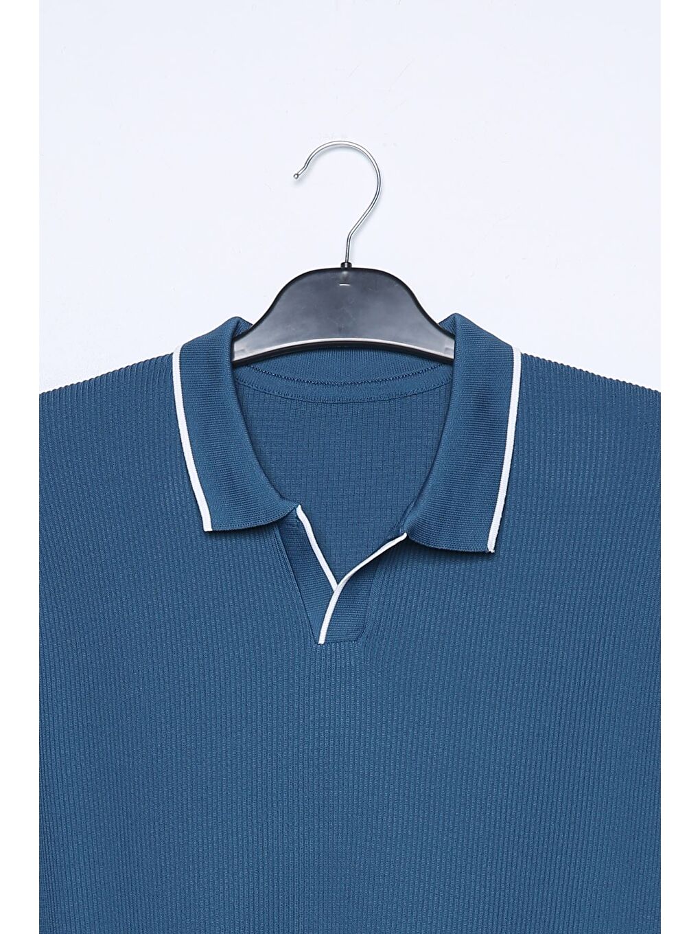 İndigo Erkek Polo Yaka Kendinden Çizgi Desenli Triko Kazak-3