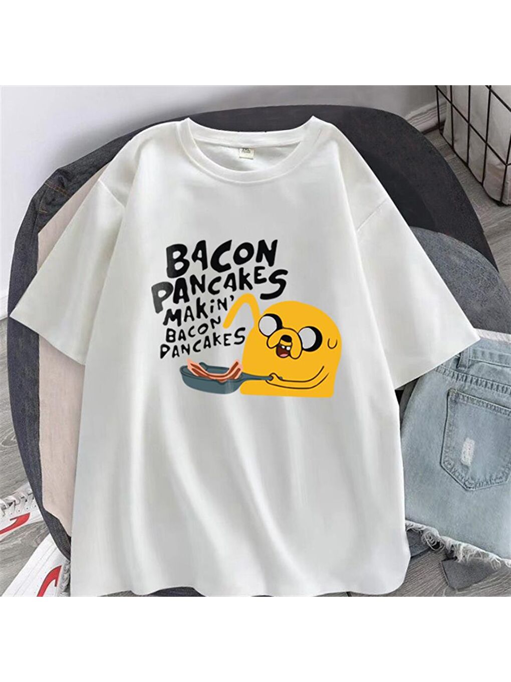 Touz Moda Beyaz Bacon Pancakes Baskılı Beyaz Unisex Oversize T-shirt