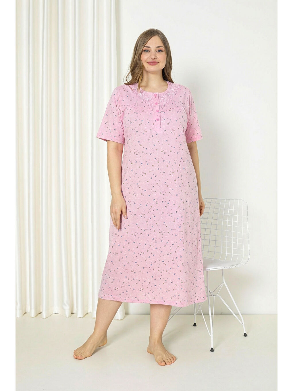 Pembe %100 Pamuklu Kısa Kollu Büyük Beden Anne Geceliği 586