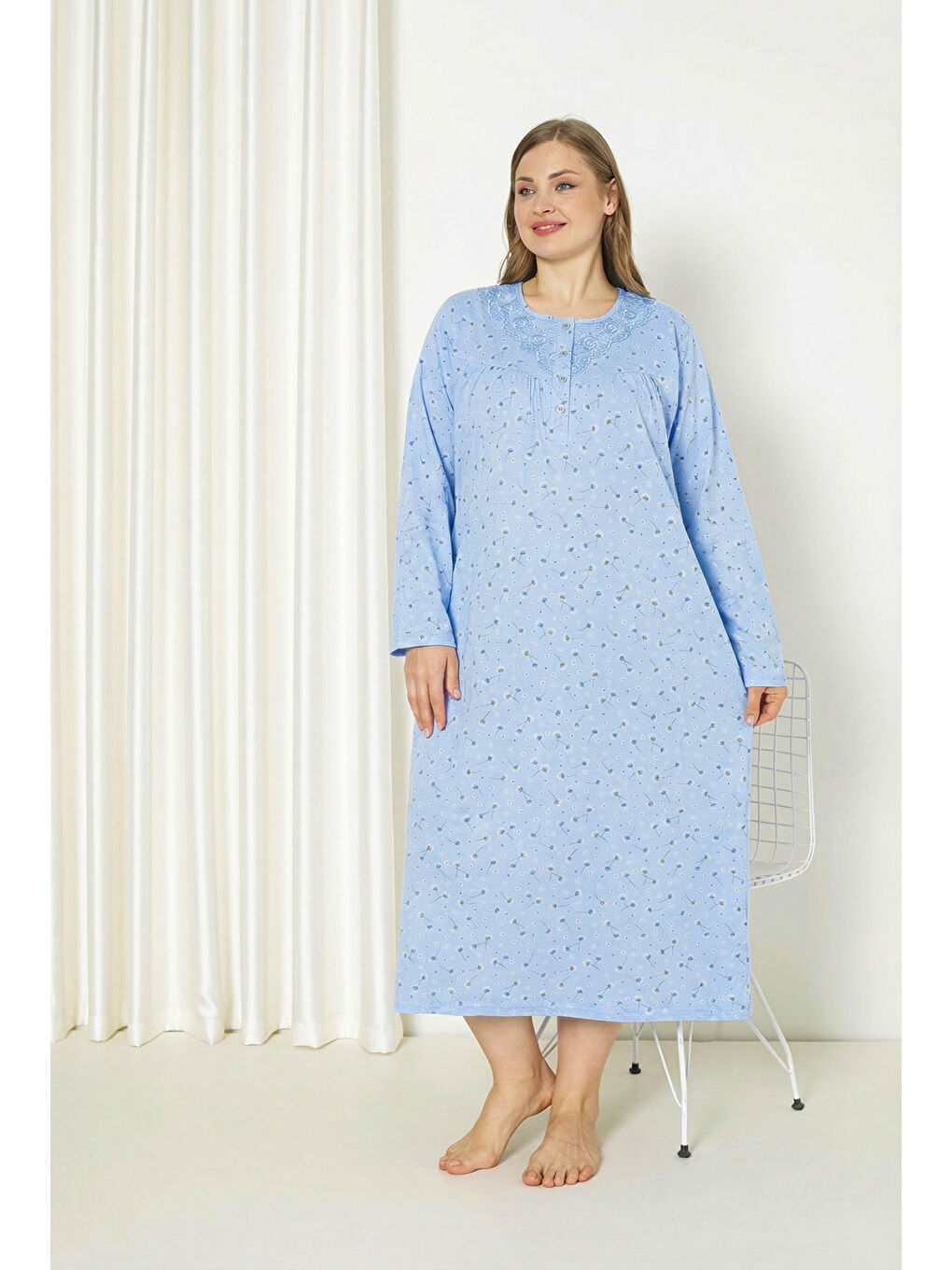 Mavi %100 Pamuklu Mevsimlik Kumaş Uzun Kollu Büyük Beden Anne Geceliği 585