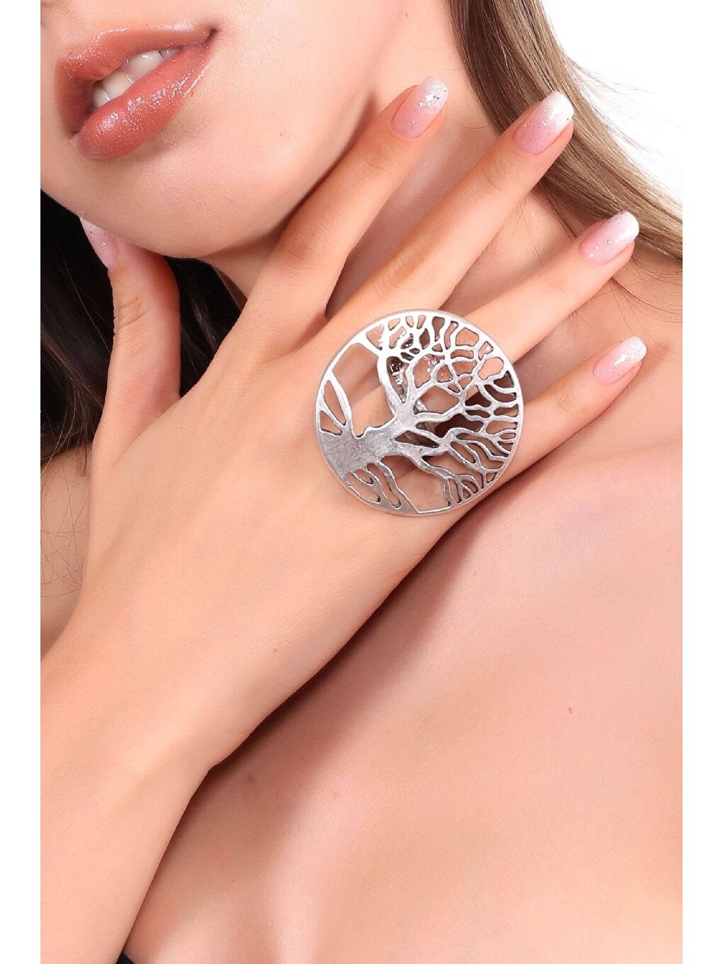 Gri Kadın Antik Gümüş Kaplama Ayarlanabilir Hayat Ağacı Yüzük-2