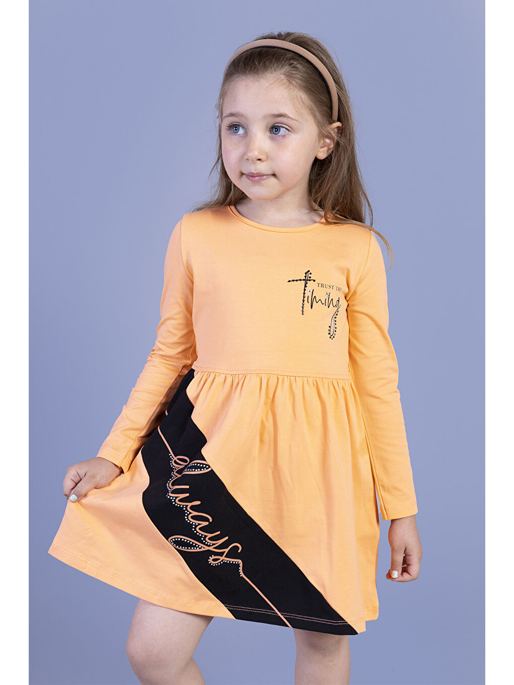 Turuncu Kız Çocuk Garni Detaylı Baskılı Elbise-2