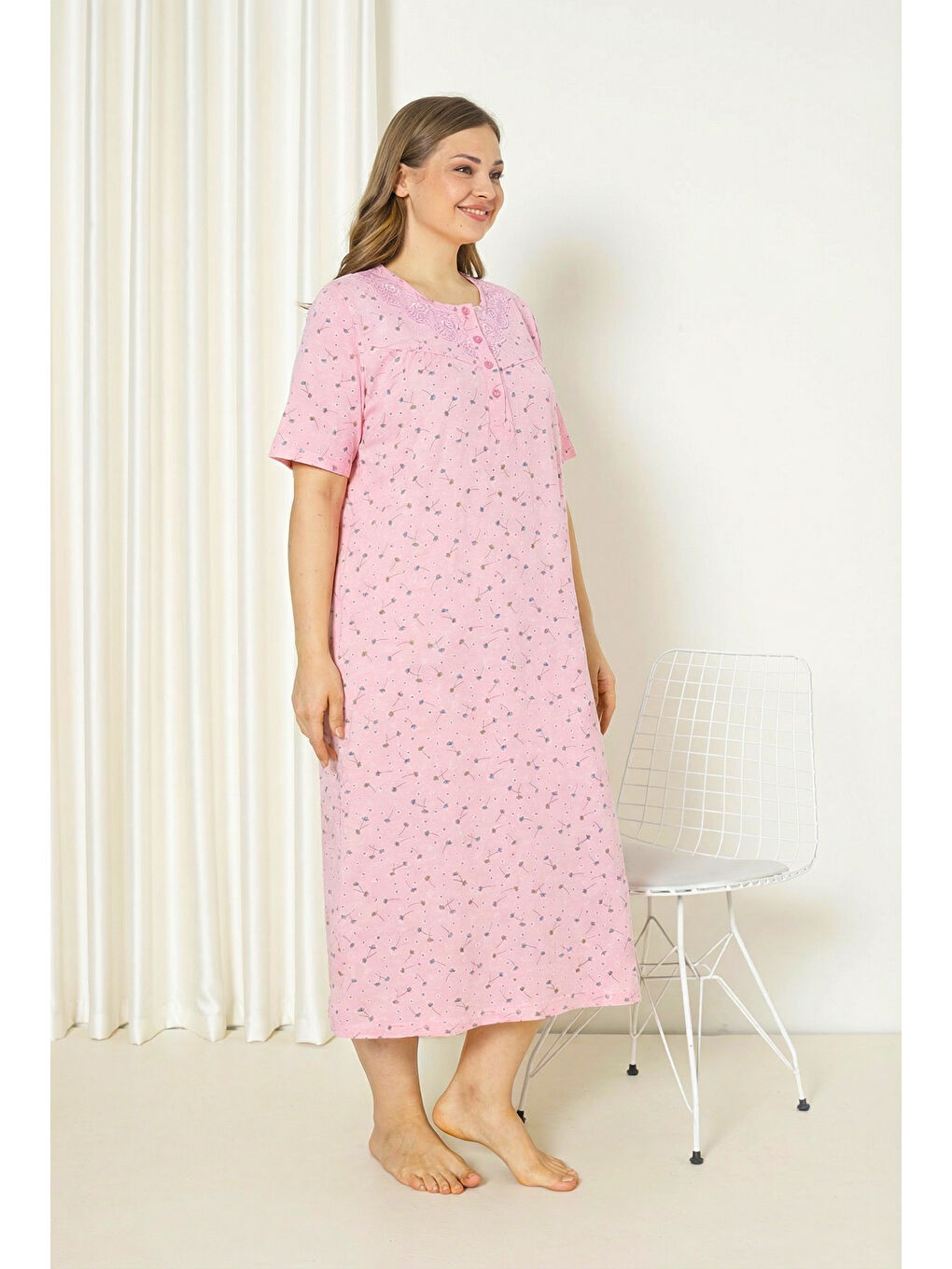 Pembe %100 Pamuklu Kısa Kollu Büyük Beden Anne Geceliği 586-1