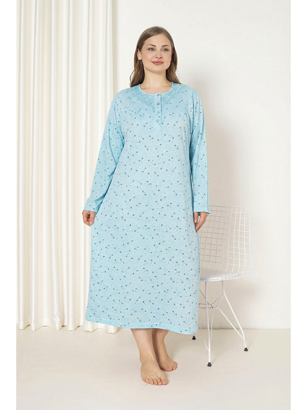 Yeşil %100 Pamuklu Mevsimlik Kumaş Uzun Kollu Büyük Beden Anne Geceliği 585