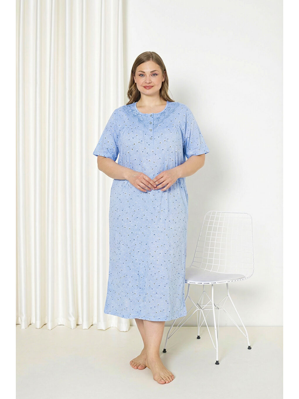Mavi %100 Pamuklu Kısa Kollu Büyük Beden Anne Geceliği 586-1