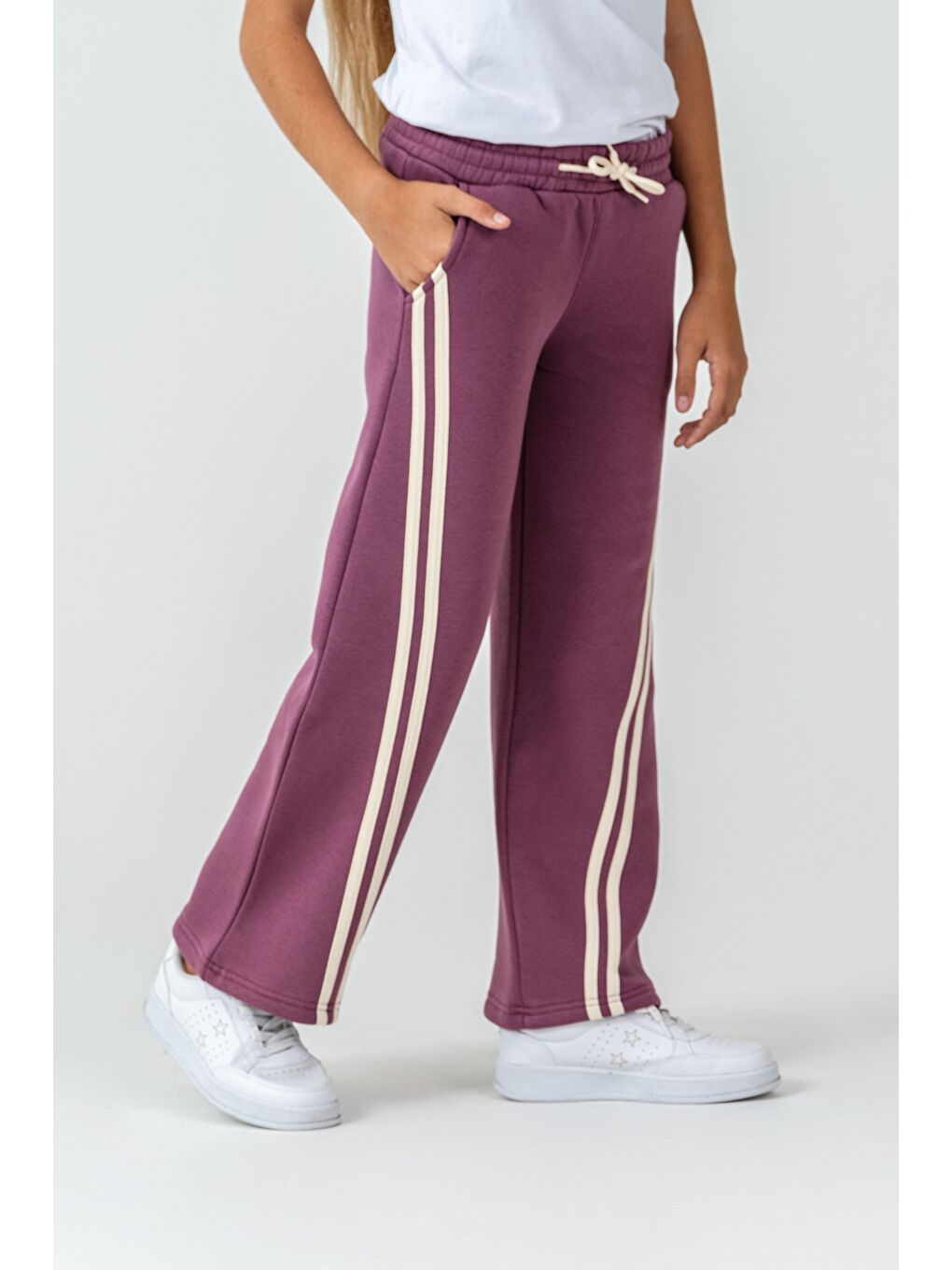 Pembe 3 İp Yanlar Çizgili Kız  Çocuk Eşofman Altı-3