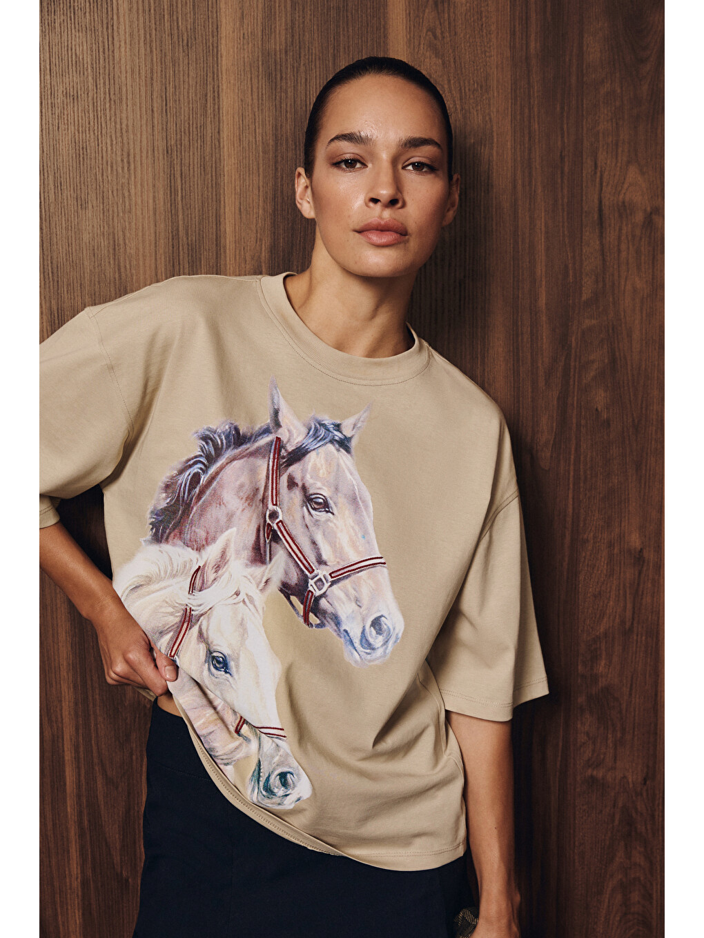 Ranchera Kadın Baskılı Kısa Kollu Relaxed Bej T-shirt