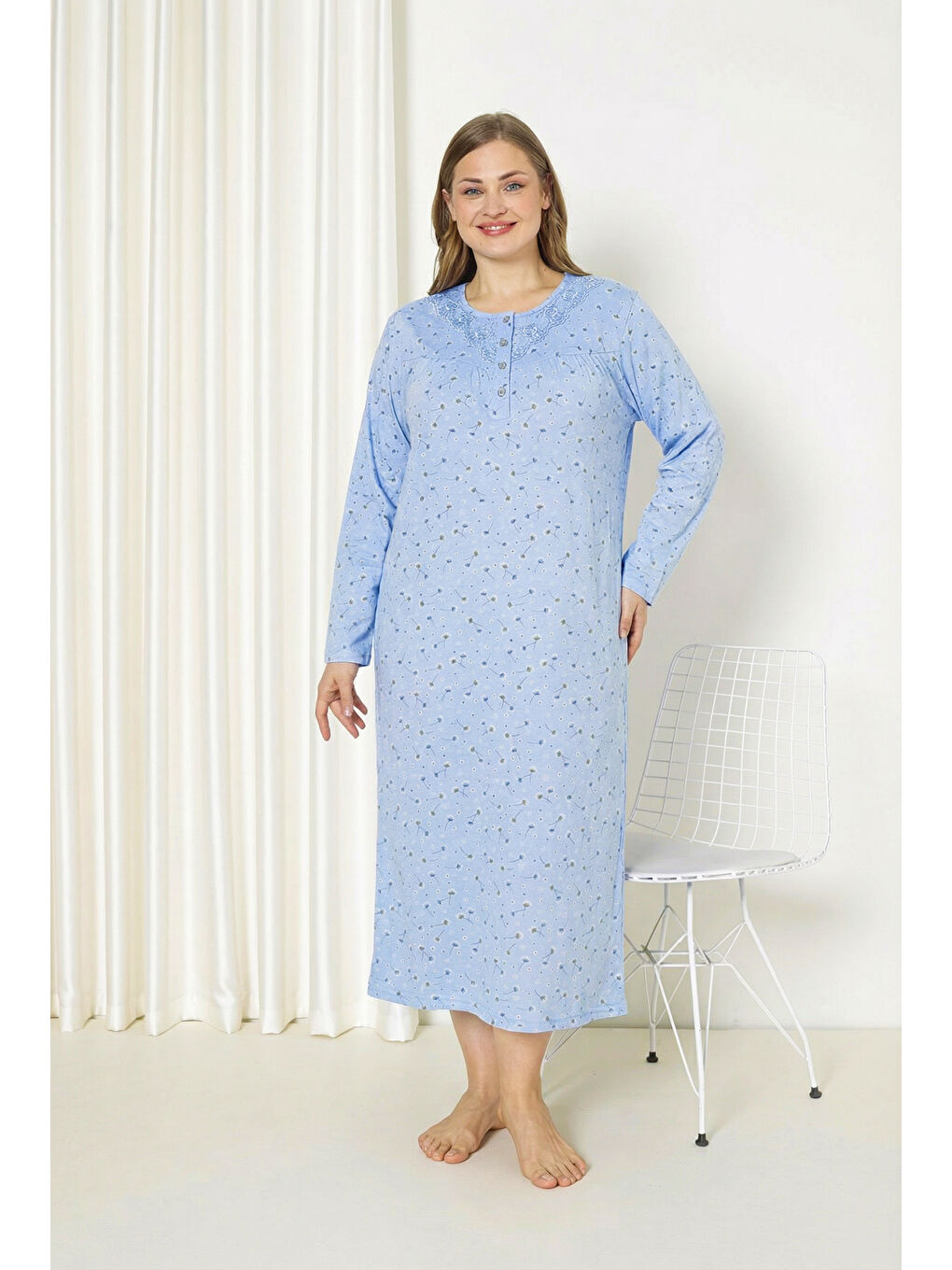 Mavi %100 Pamuklu Mevsimlik Kumaş Uzun Kollu Büyük Beden Anne Geceliği 585-1