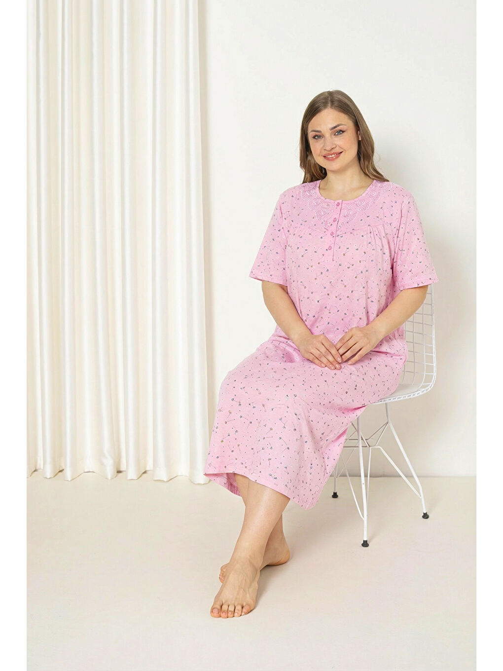 Pembe %100 Pamuklu Kısa Kollu Büyük Beden Anne Geceliği 586-3
