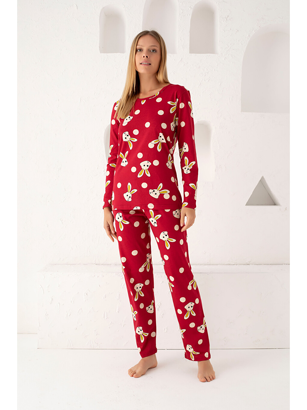 Bordo Pamuklu Pijama Takım-1