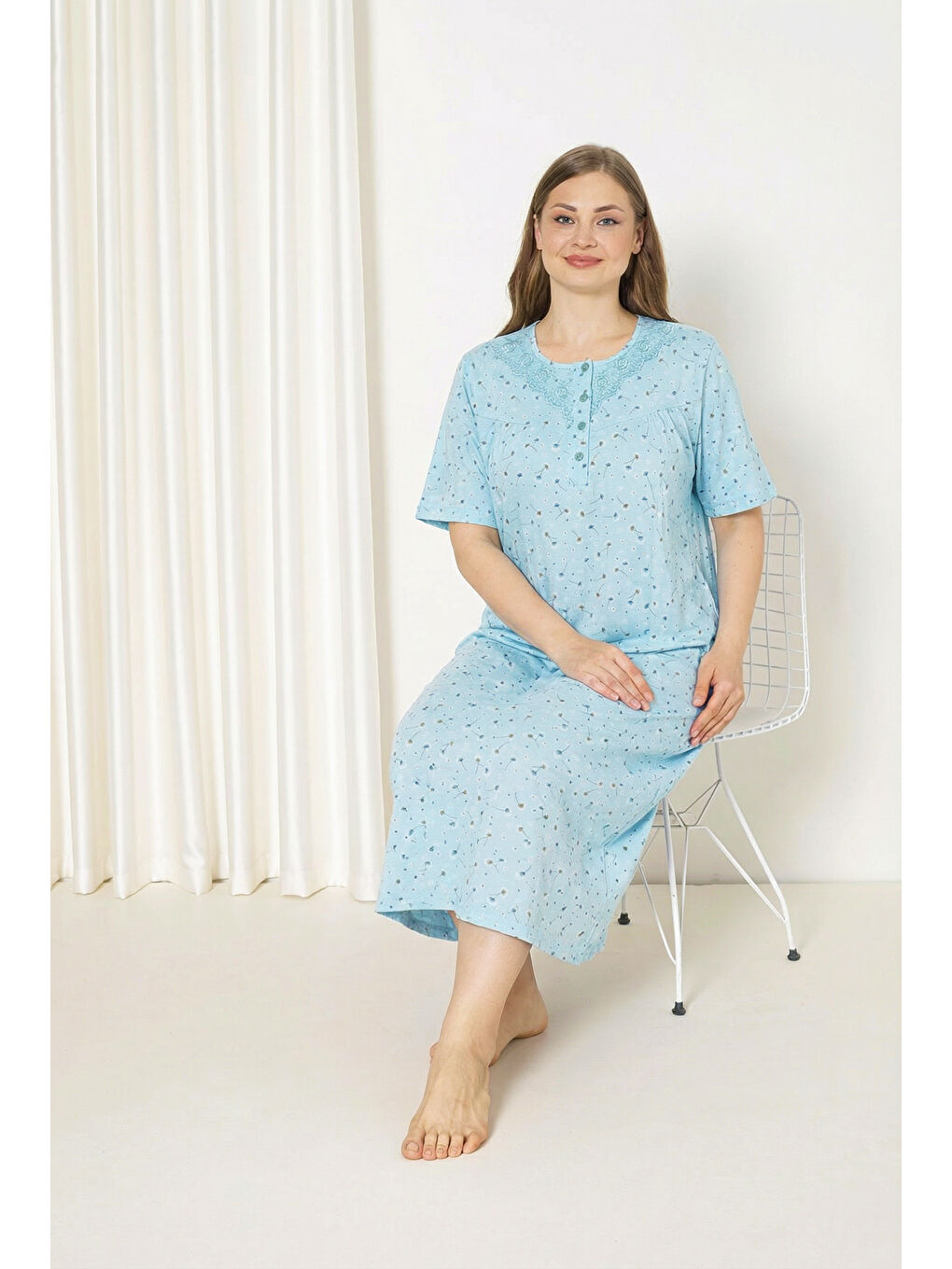 Yeşil %100 Pamuklu Kısa Kollu Büyük Beden Anne Geceliği 586-3