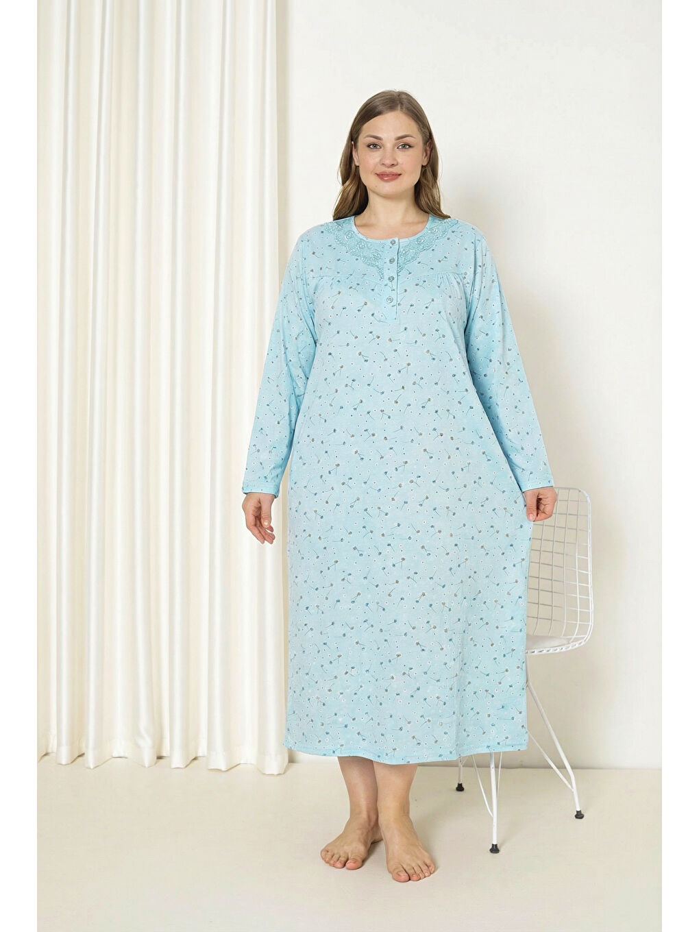 Yeşil %100 Pamuklu Mevsimlik Kumaş Uzun Kollu Büyük Beden Anne Geceliği 585-1