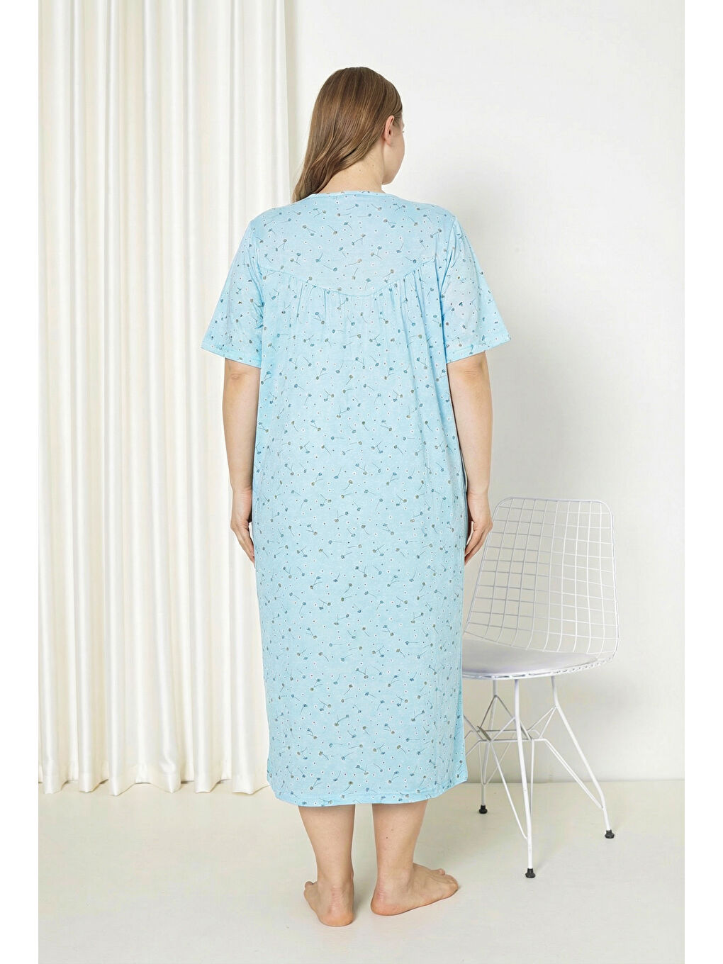 Yeşil %100 Pamuklu Kısa Kollu Büyük Beden Anne Geceliği 586-4