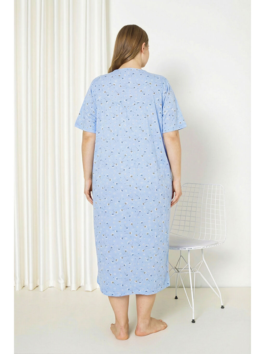 Mavi %100 Pamuklu Kısa Kollu Büyük Beden Anne Geceliği 586-4