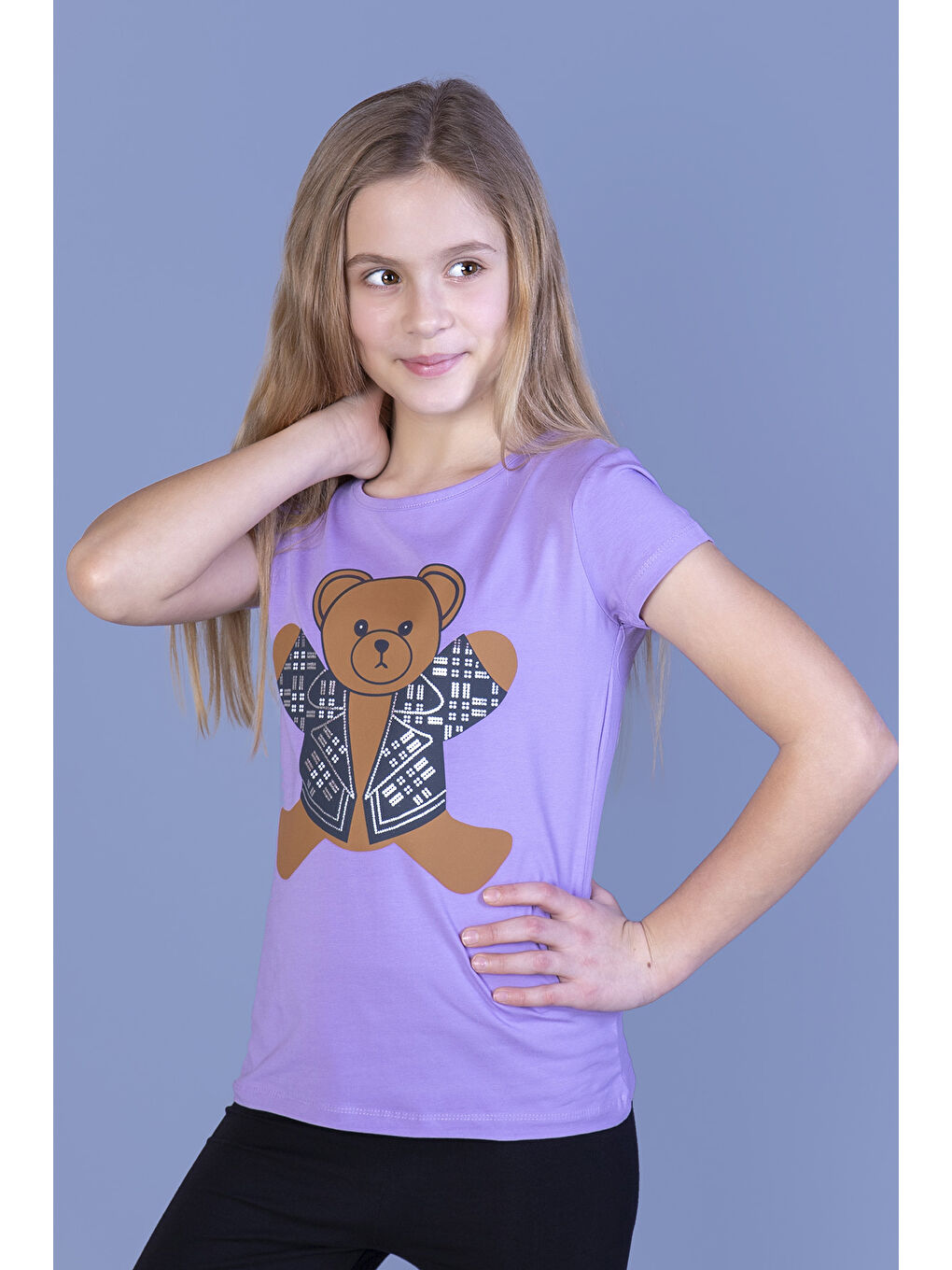 Lila Kız Çocuk Ayıcık Baskılı Tişört