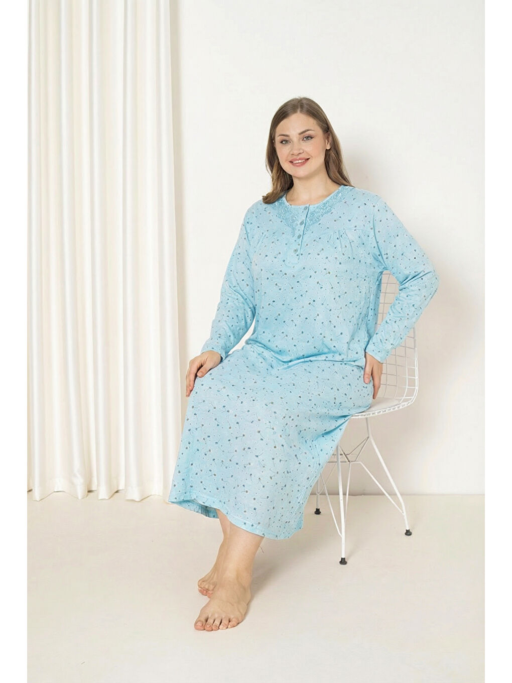 Yeşil %100 Pamuklu Mevsimlik Kumaş Uzun Kollu Büyük Beden Anne Geceliği 585-3