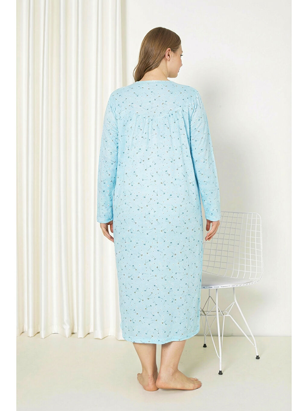 Yeşil %100 Pamuklu Mevsimlik Kumaş Uzun Kollu Büyük Beden Anne Geceliği 585-4