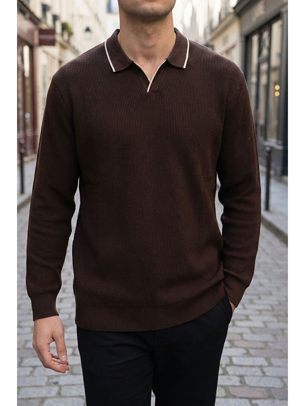 Kahverengi Erkek Polo Yaka Kendinden Çizgi Desenli Triko Kazak