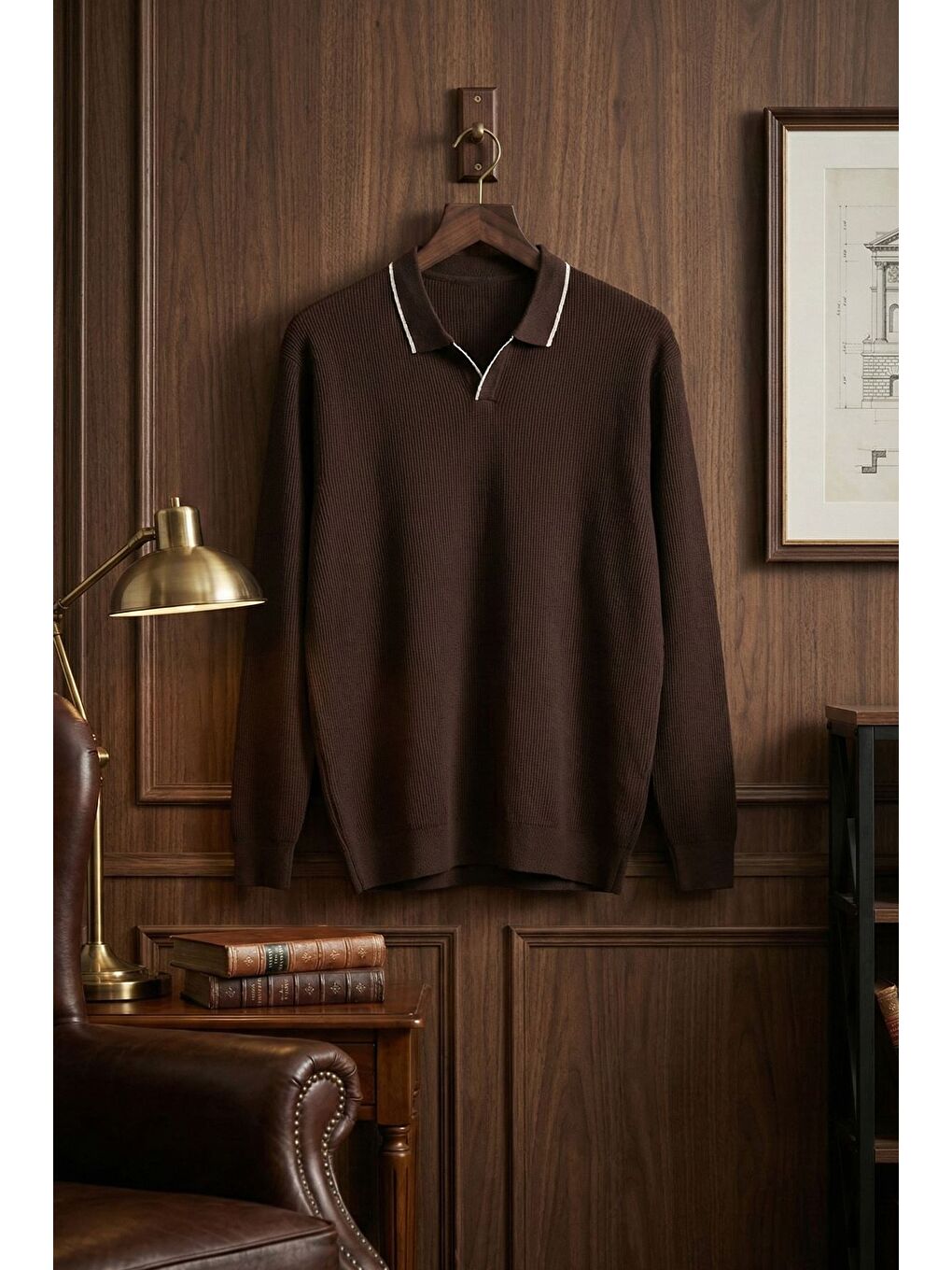 Kahverengi Erkek Polo Yaka Kendinden Çizgi Desenli Triko Kazak-1