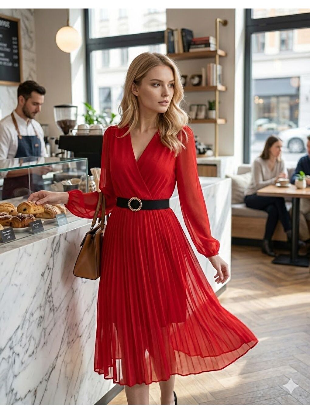 Kırmızı Kadın şifon Kumaş Astalı Kloş Kesim Kruvaze Yaka Midi Boy Elbise